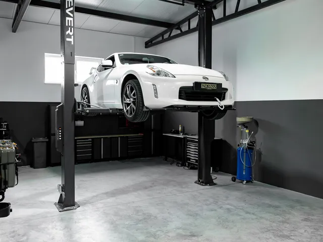 Nissan 370Z on the lift in the Kingsman Garage workshop